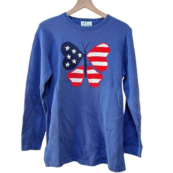 The Quacker Factory Knit Sweater USA American Flag Butterfly Stars Blue Small - Picture 1 of 4